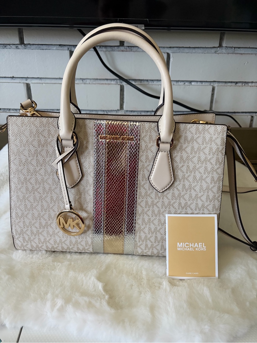 Michael Kors Cream Logo Satchel with Gold Stripe